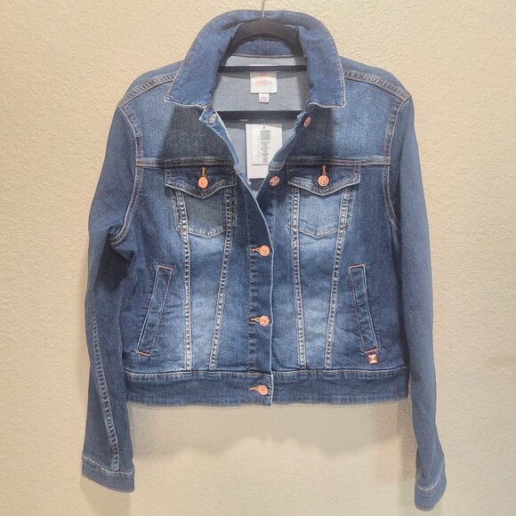 Denim Jacket Women's Size Large Cropped Stretch Long Sleeved Slit Pockets - Picture 1 of 16